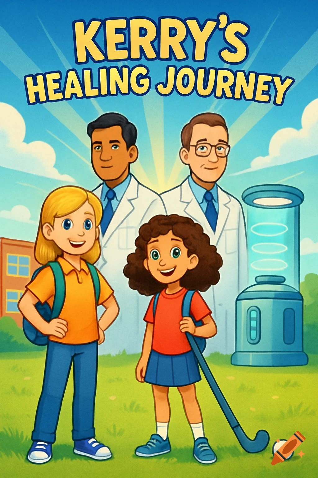 Cartoon illustration of two girls and two doctors on a field, with a futuristic device and a school in the background. Title: Kerry's Healing Journey.