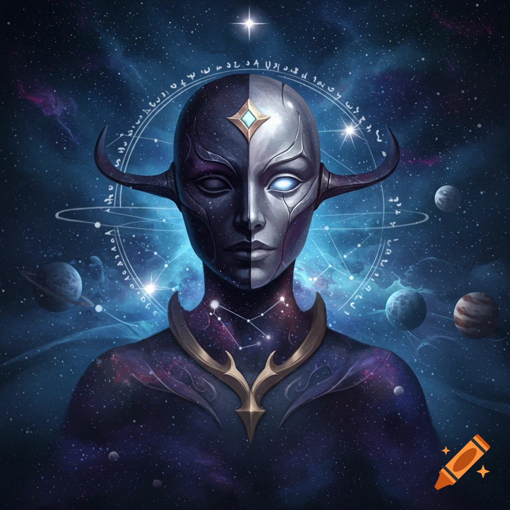 A humanoid figure with a split celestial and metallic mask, surrounded by planets and astrological symbols in deep space.