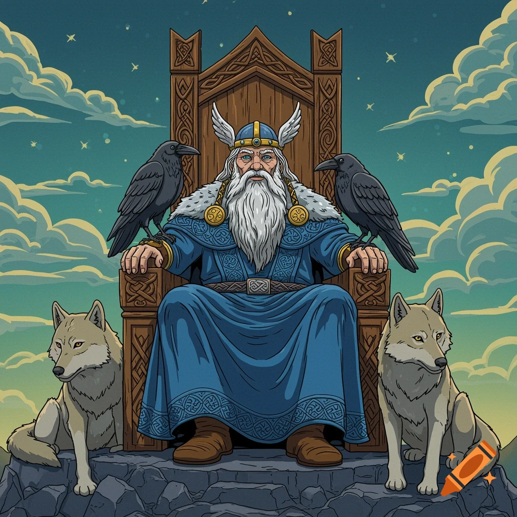 Cartoon illustration of the Norse god Odin on an ornate throne, flanked by two ravens and two wolves, against a starry sky.