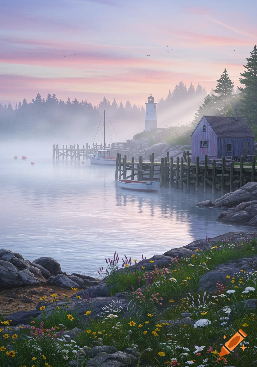 Misty harbor at sunrise/sunset with a lighthouse, boats docked at a pier, and wildflowers on a rocky shore.