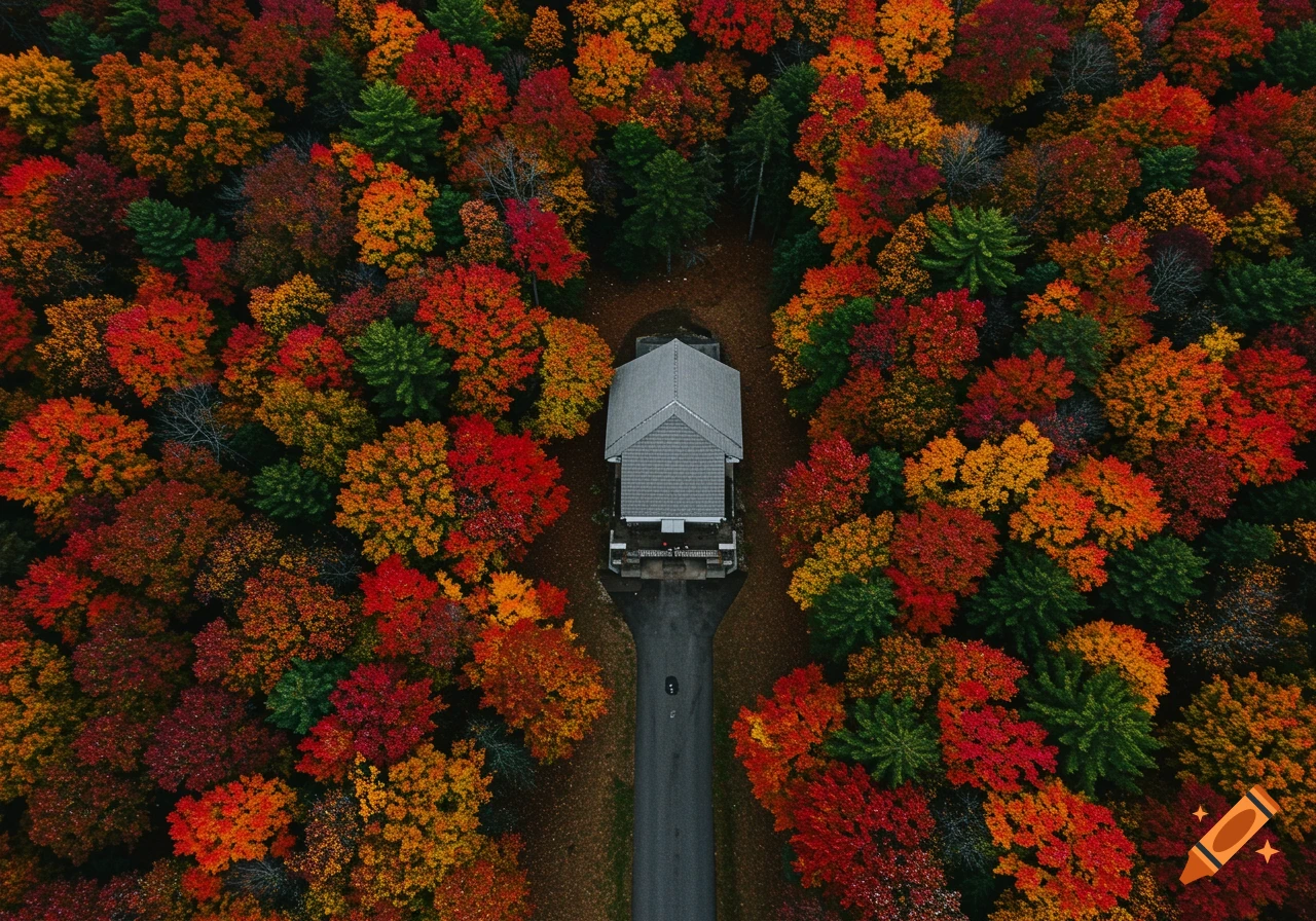 An aerial view of a small house surrounded by a vibrant autumn forest with red, orange, and green trees. The driveway leads to the house.