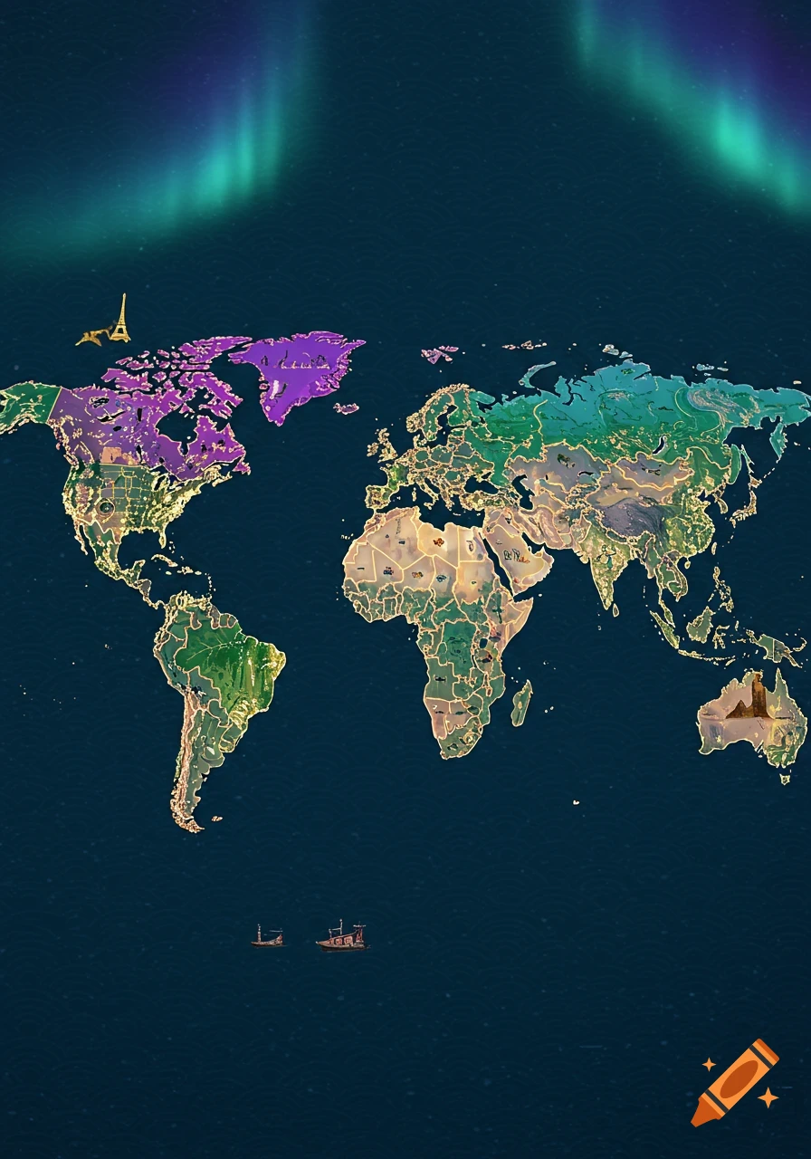 A stylized world map featuring vibrant landmasses with gold outlines, a golden Eiffel Tower over North America, two boats in the Atlantic Ocean, a golden structure in Australia, and green and purple aurora borealis in the dark blue sky.