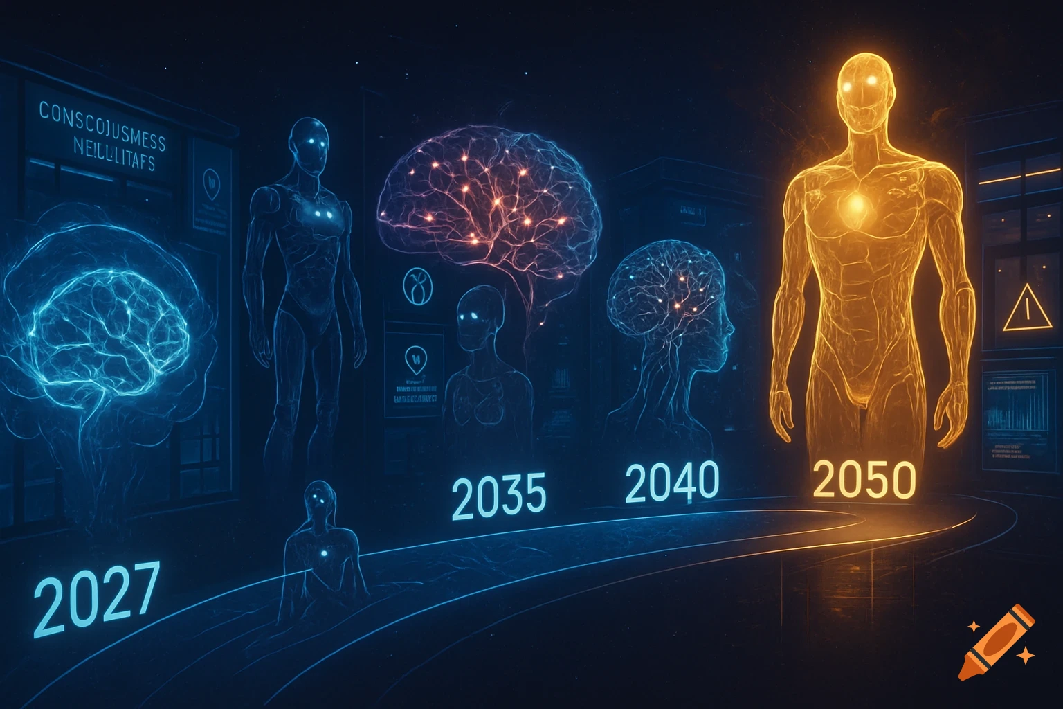 A futuristic scientific visualization shows a timeline with glowing human and brain figures evolving from blue to gold, representing consciousness development across years 2027 to 2050, with holographic displays and warning signs in a dark lab.