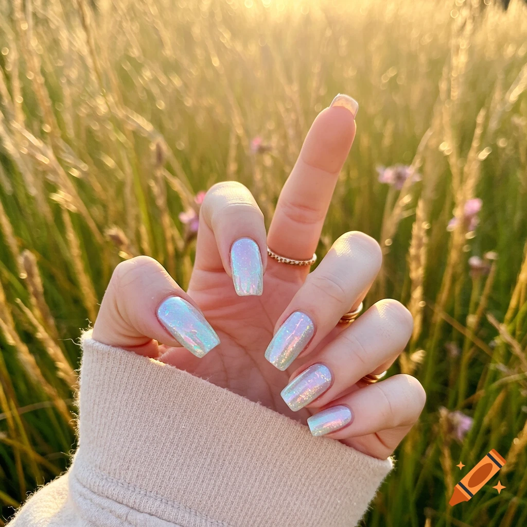 A hand with sparkly iridescent pastel nails held against a blurred golden field bathed in sunlight.