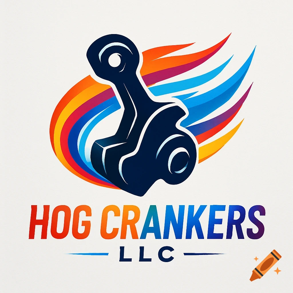 A colorful, modern logo for "Hog Crankers LLC" with a stylized dark blue wrench and vibrant orange, red, and blue streaks.