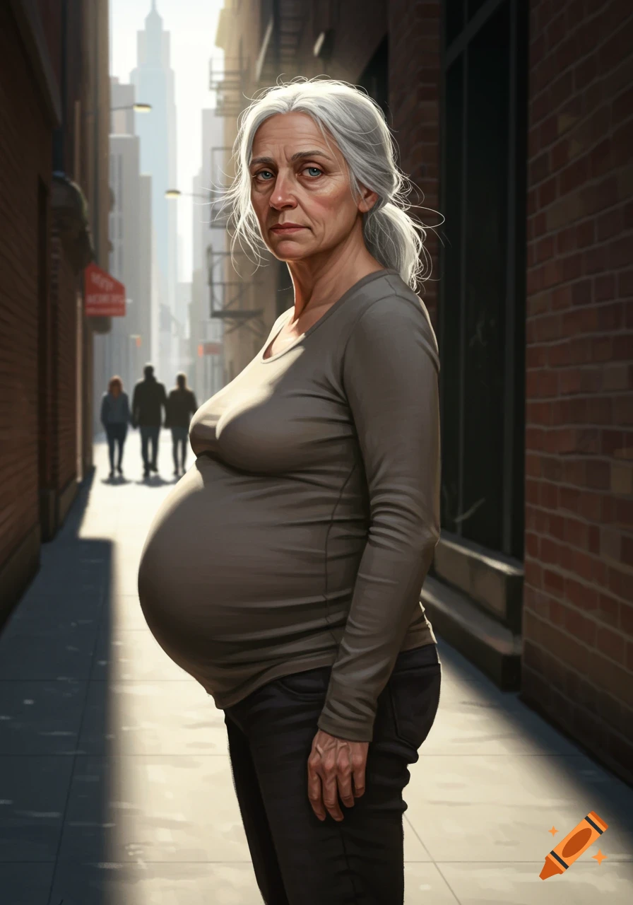 A photorealistic depiction of an older, heavily pregnant woman with gray hair in a ponytail, standing in a sunlit city alley.