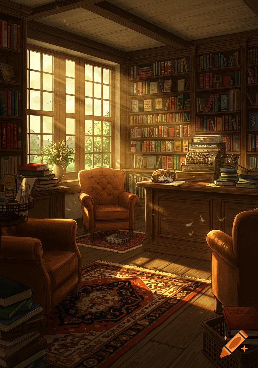 A sunlit, cozy library or bookstore with tall bookshelves, two armchairs, a wooden desk with a sleeping cat, and a patterned rug.