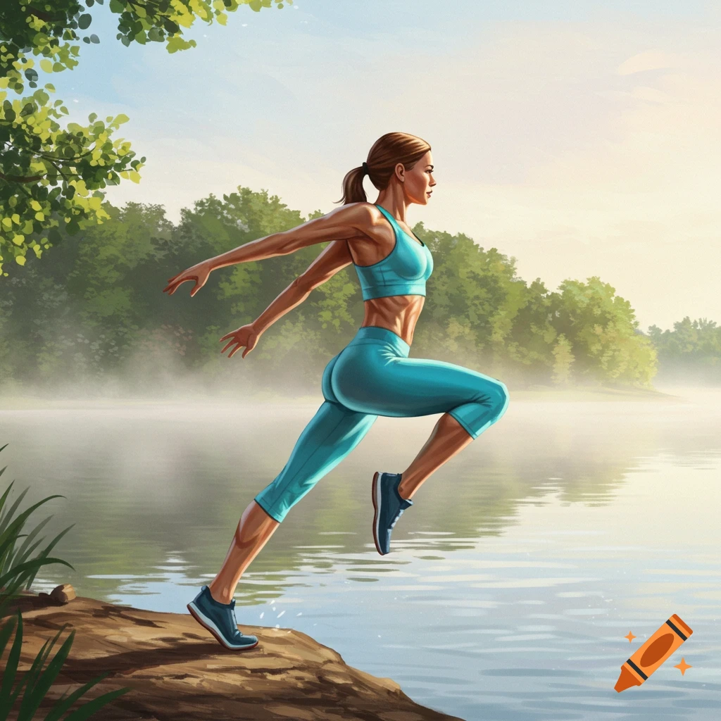 A muscular woman in blue athletic wear leaps over a rock by a misty lake with trees in the background, digital art.