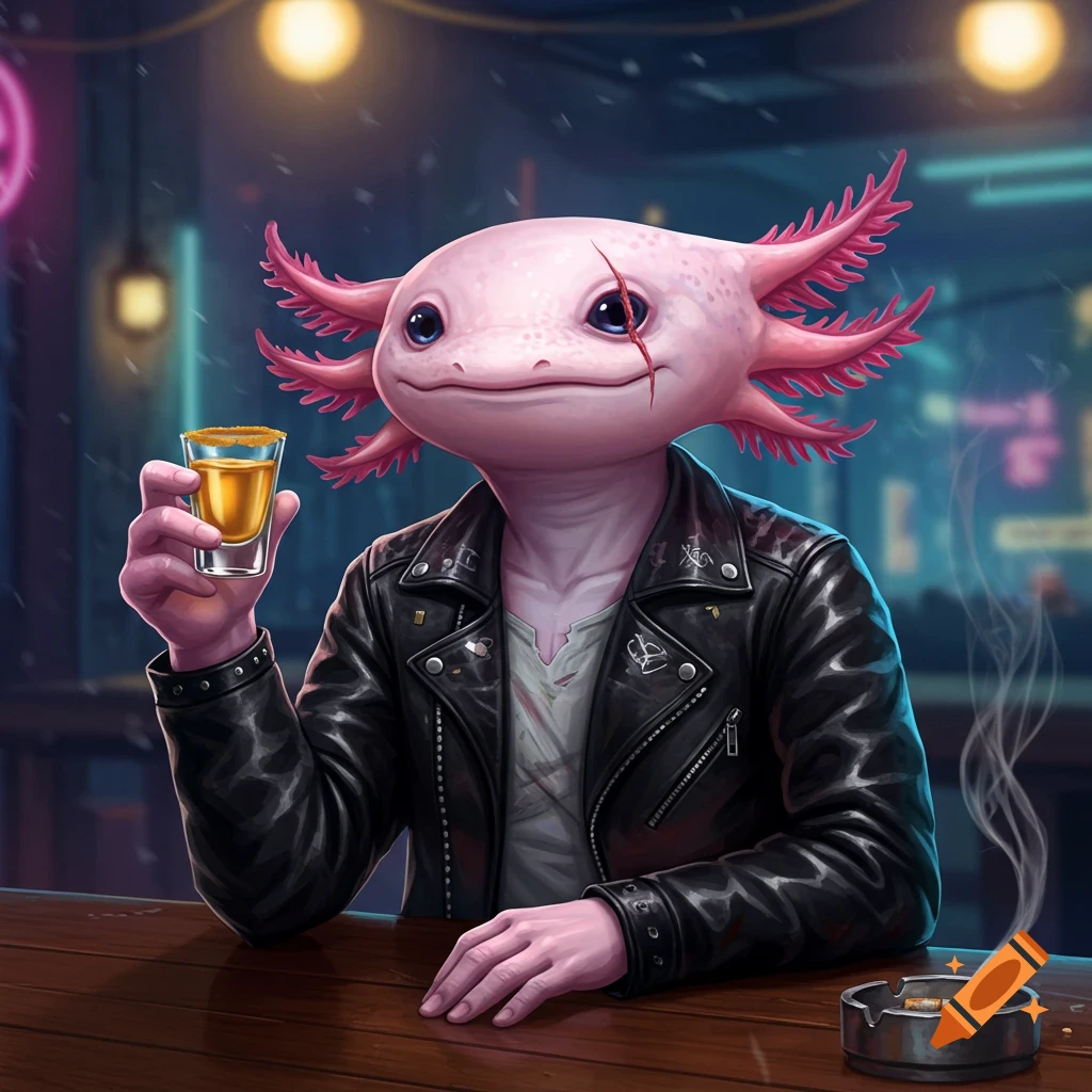 A pink axolotl in a leather jacket holds a shot glass at a bar, with an ashtray and cigarette on the counter.