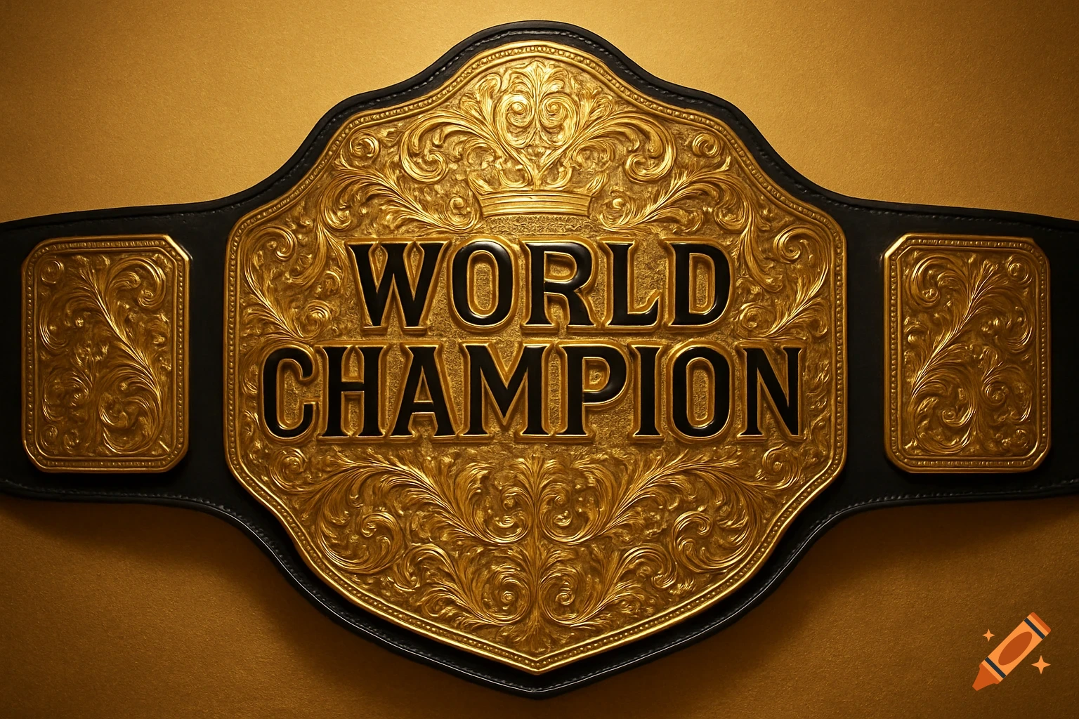 A gold wrestling championship belt with the words WORLD CHAMPION on a black strap, against a gold background.