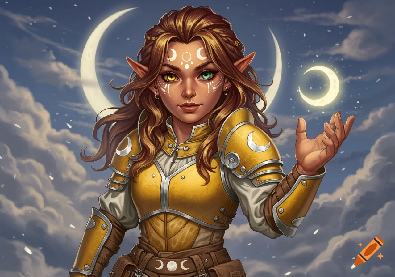 A fantasy illustration of a female halfling cleric with moon tattoos, heterochromatic eyes, and golden armor, holding a glowing crescent moon against a cloudy night sky.