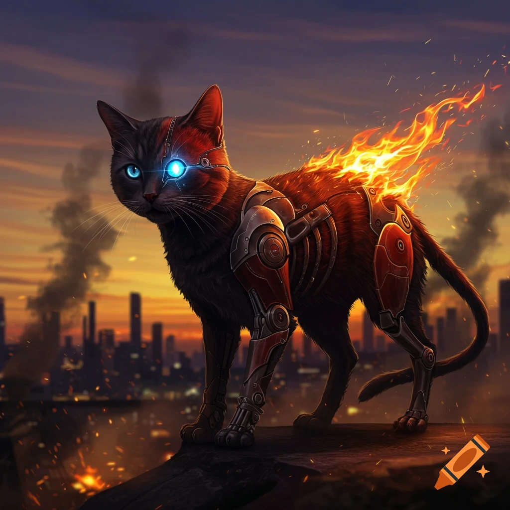 A black and red half-cyborg cat with a glowing blue eye and flames on its back stands on a rooftop overlooking a dark city at sunset.
