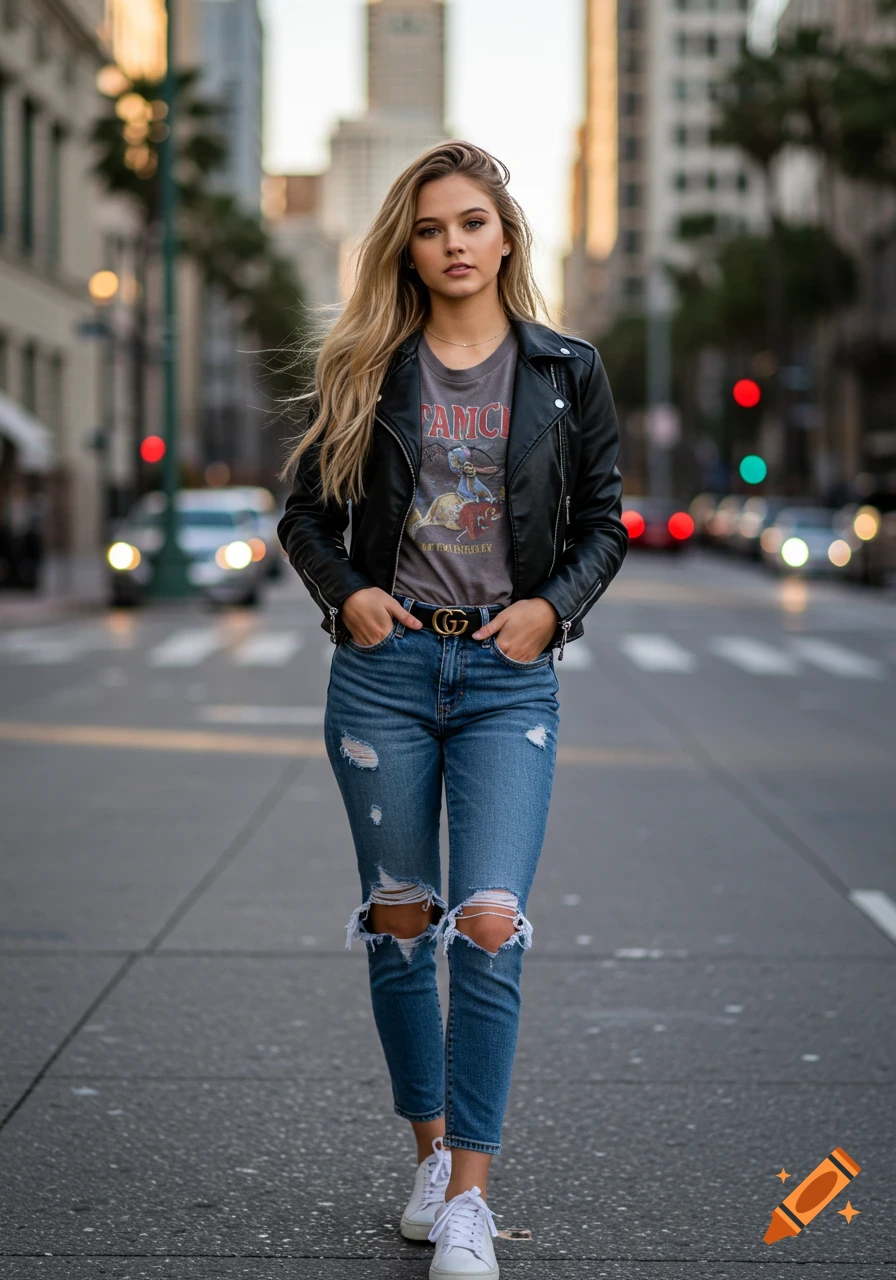 A woman with long blonde hair in a black leather jacket, gray t-shirt, ripped jeans, and white sneakers walks down a city street.