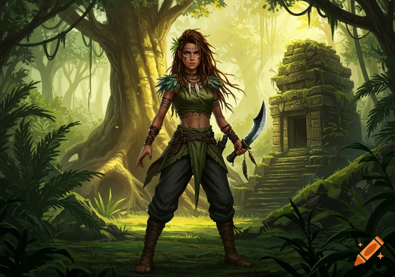 A fierce female warrior with a jungle knife stands in a lush, sunlit jungle with an ancient moss-covered temple in the background, in a fantasy art style.