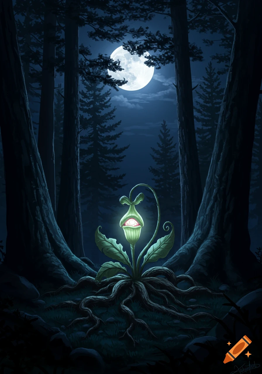 A glowing, carnivorous-looking plant with roots visible on the ground in a dark forest at night under a full moon.