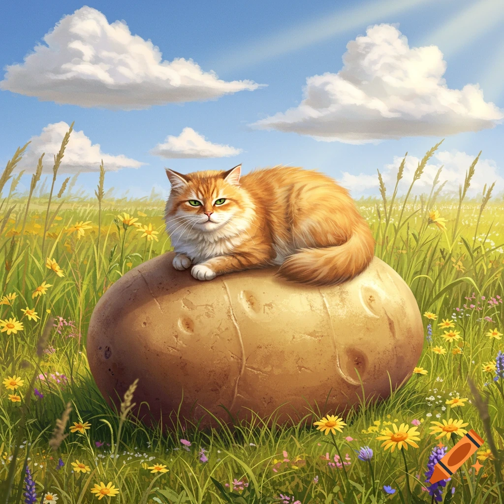 An orange cat with green eyes rests on a giant potato in a field of wildflowers under a blue sky. Digital art.