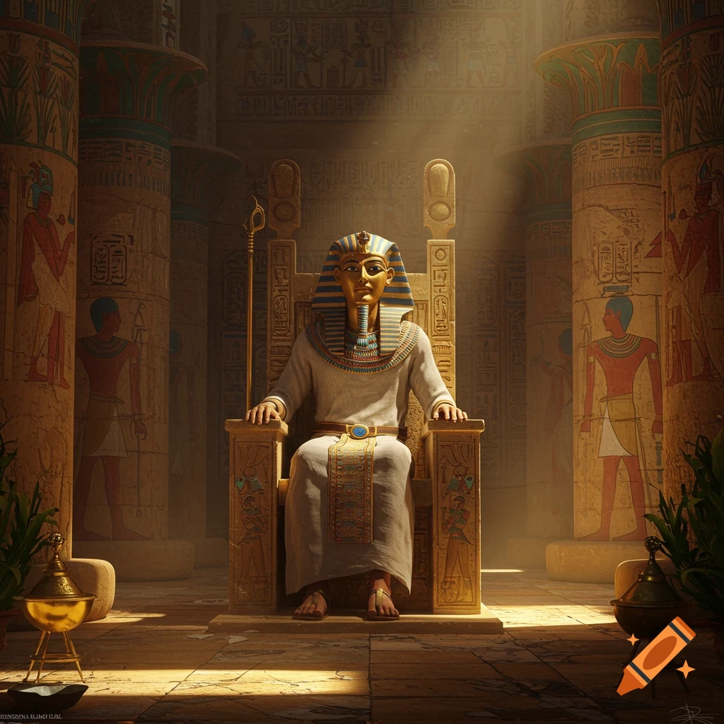 A golden-masked Egyptian pharaoh sits on a golden throne in a sunlit temple with hieroglyph-covered columns.