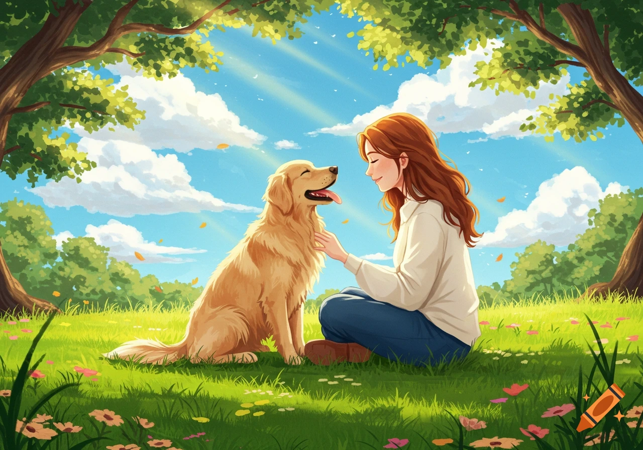 An illustration of a woman in a white shirt and blue pants petting a happy golden retriever in a sunlit green park with trees and flowers.