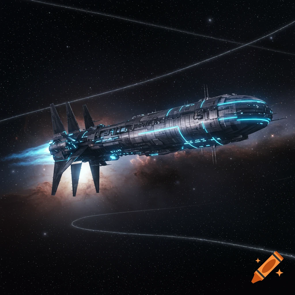 A sleek, futuristic spaceship with glowing blue accents and bright engine exhaust travels through a starry galaxy.