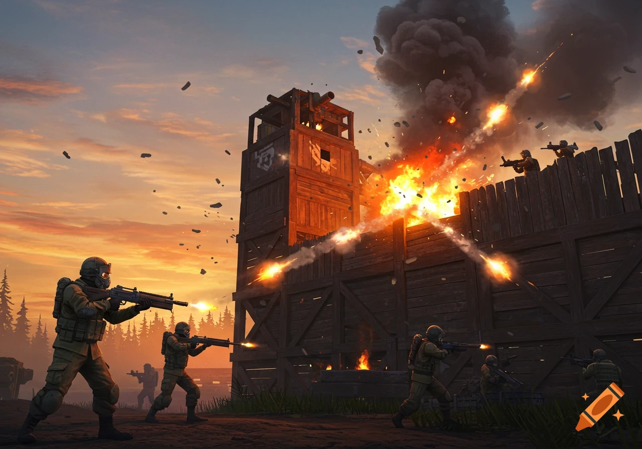 Stylized image of soldiers raiding a wooden fort with explosions and gunfire under an orange sky.