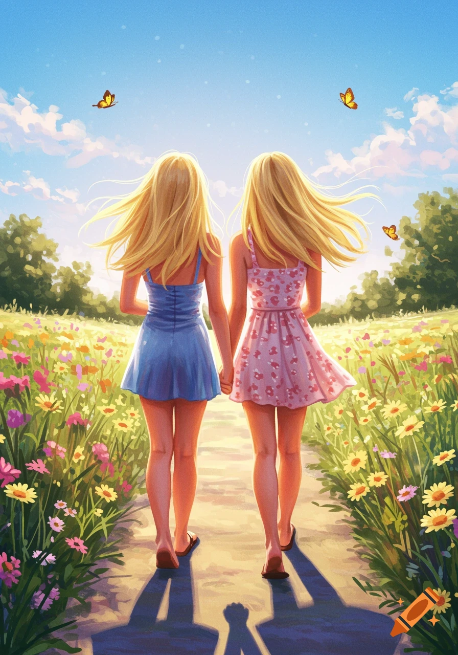 Illustration of two blonde girls walking hand-in-hand down a path through a sunny field of flowers with butterflies.