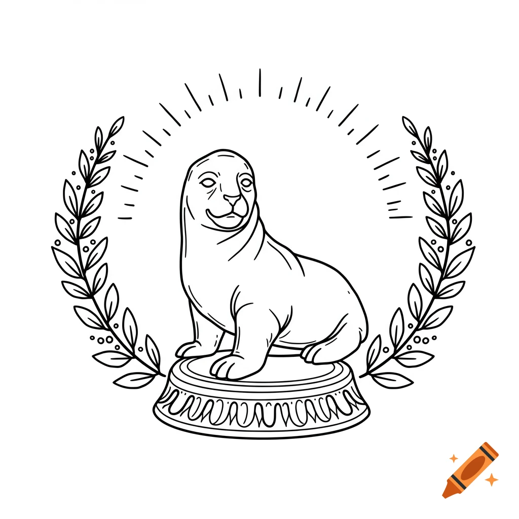 Line drawing of a smiling seal sitting on a pedestal, framed by a laurel wreath.