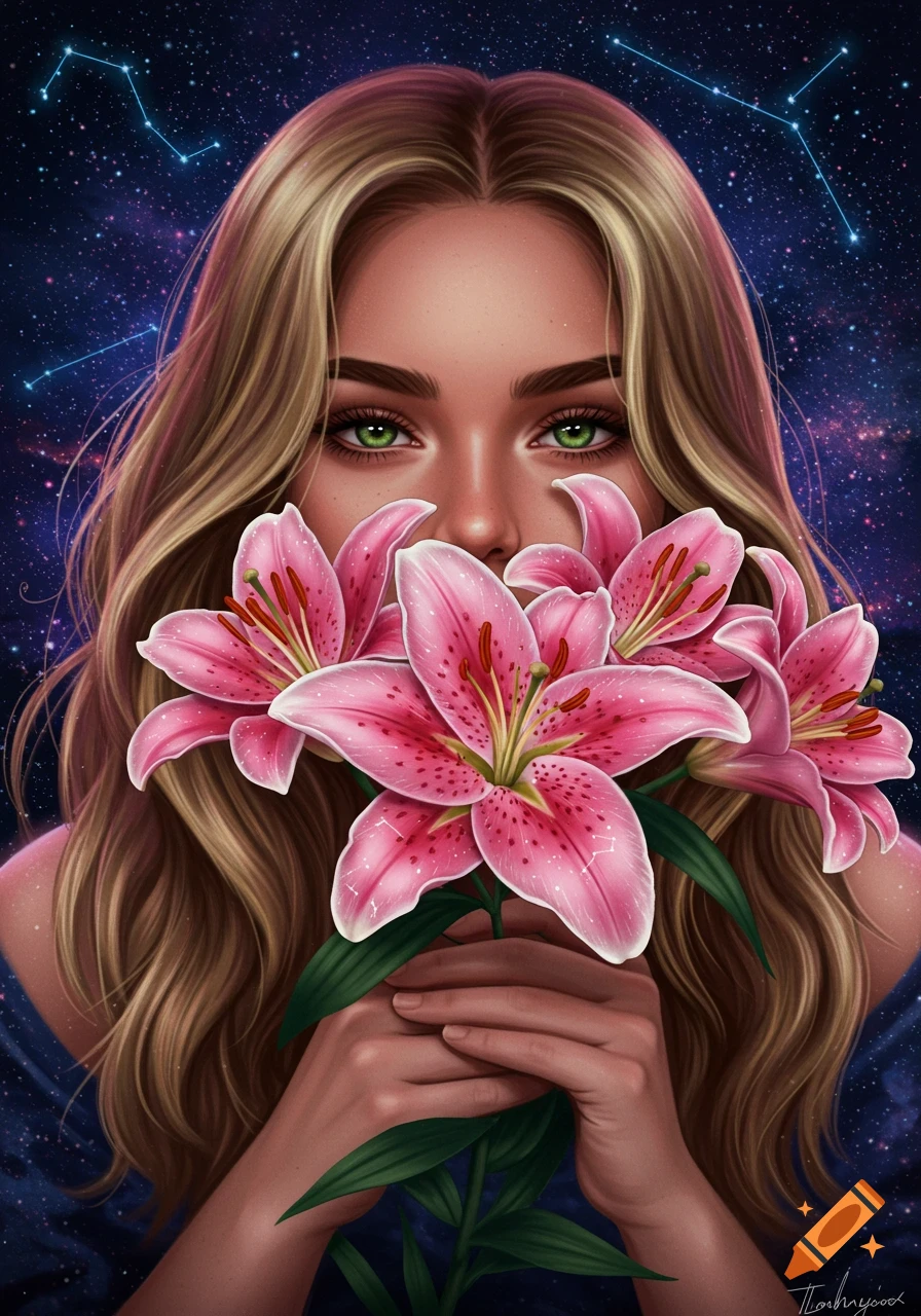 A stylized portrait of a woman with long blonde hair and green eyes holding pink stargazer lilies against a starry night sky with constellations.