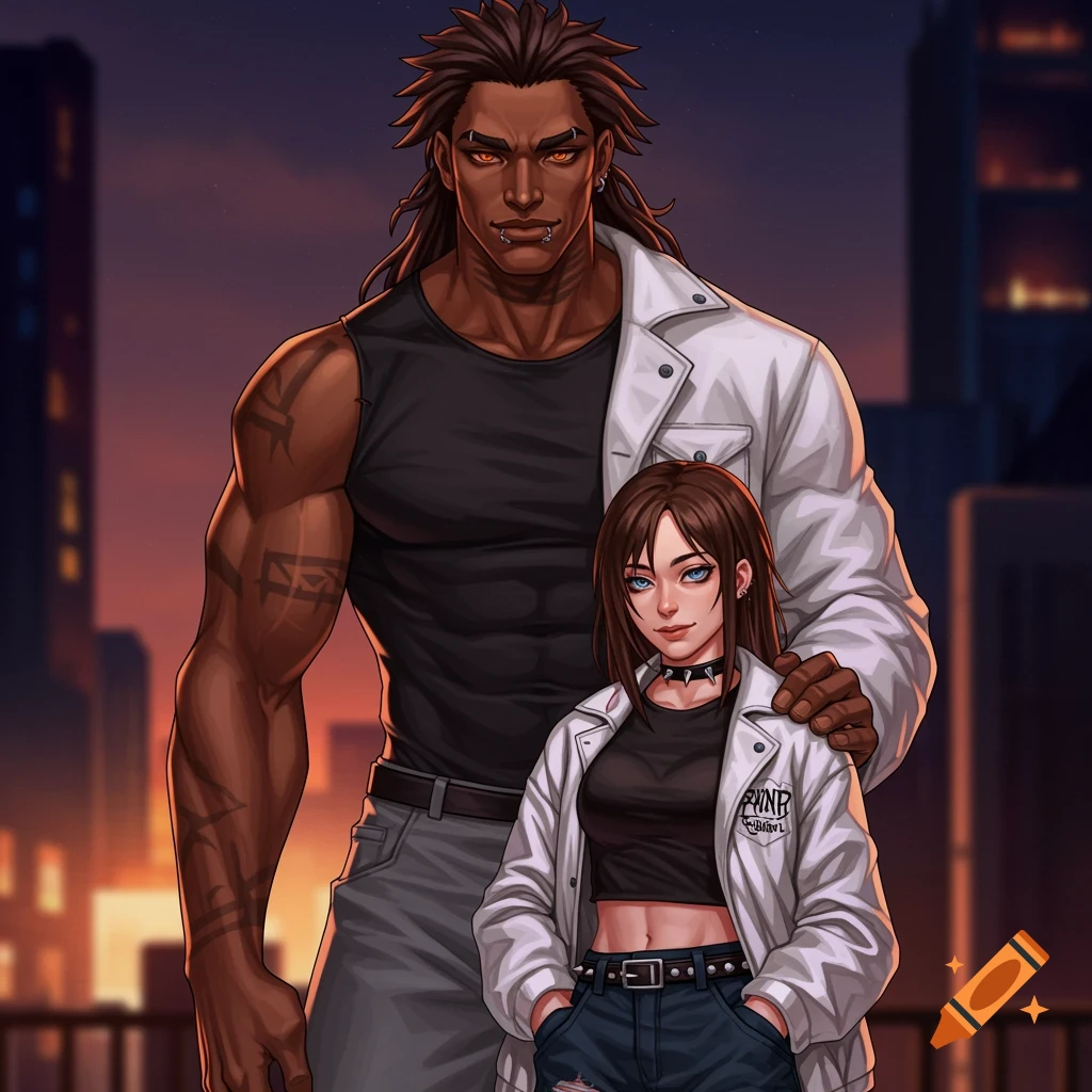 Anime-style portrait of a tall, muscular man and a shorter woman with blue eyes, both wearing white jackets, against an urban sunset.