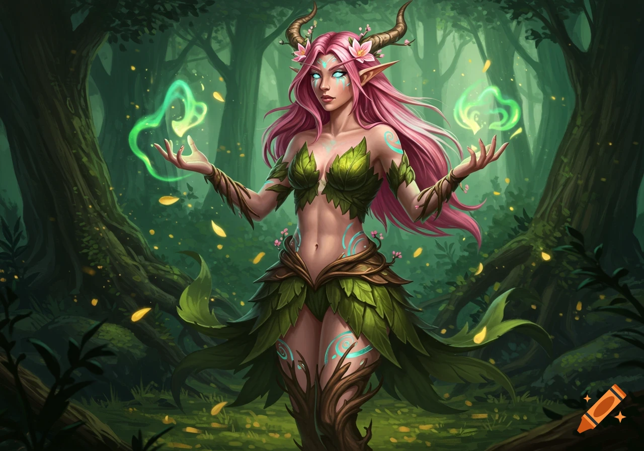 A pink-haired half-elf druid with horns and leaf attire channels green magic in an enchanted forest.