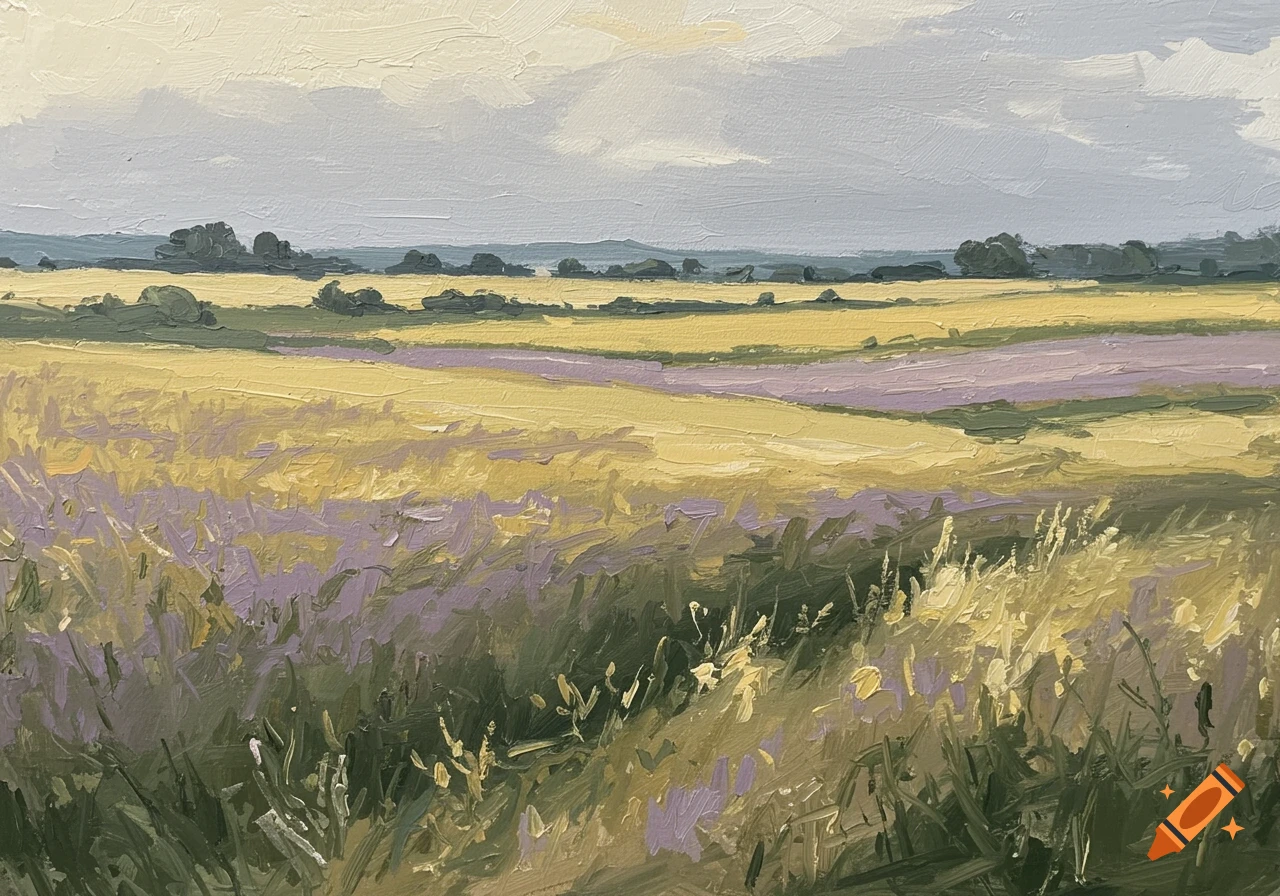Oil painting of desaturated yellow and purple fields under a cloudy sky.