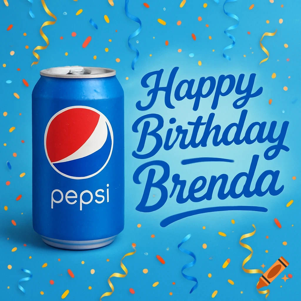 A photorealistic Pepsi can on a blue background with confetti and ribbons, and text reading 'Happy Birthday Brenda'.