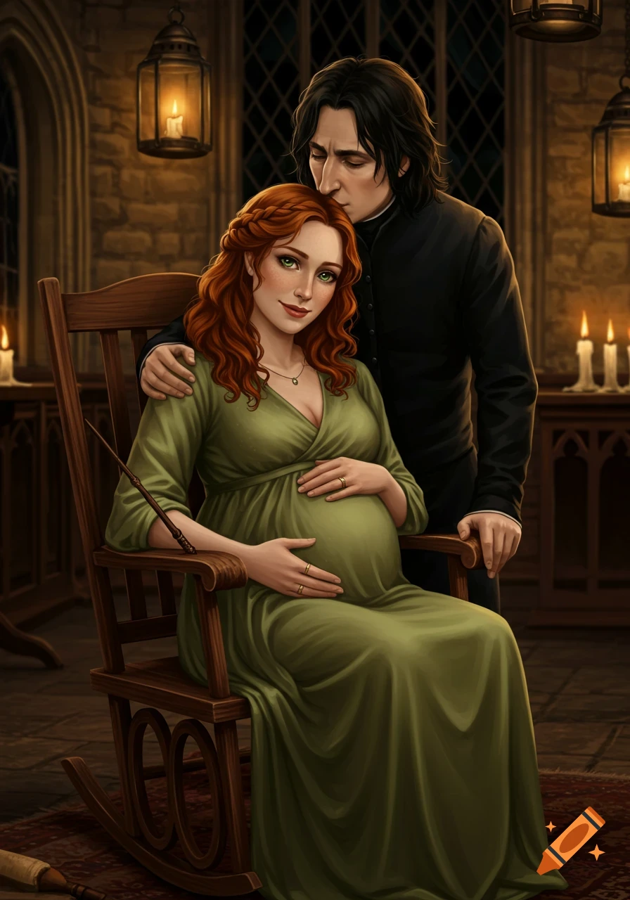 An illustration of a pregnant red-haired woman in a rocking chair, cradling her belly, with a man kissing her forehead.