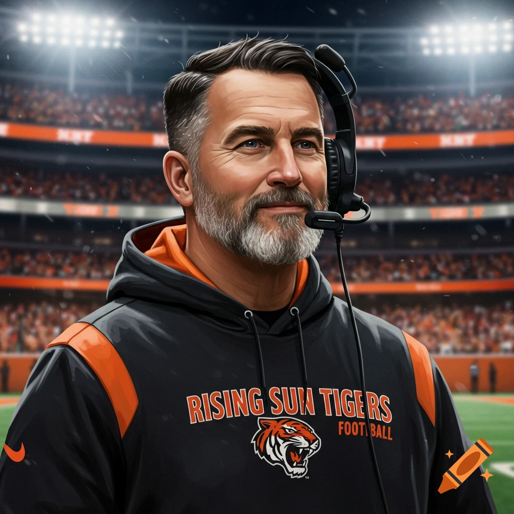 Digital art of a man with a beard and headset, wearing a black and orange 'Rising Sun Tigers Football' hoodie in a stadium.