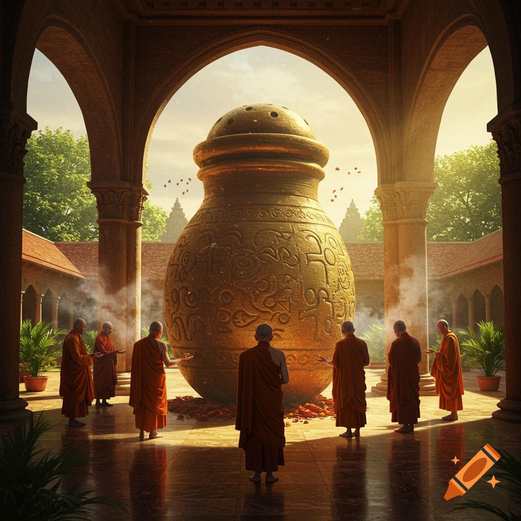 Monks in orange robes gather around a giant ornate golden incense burner or spice shaker in a temple courtyard, with light filtering through arches.