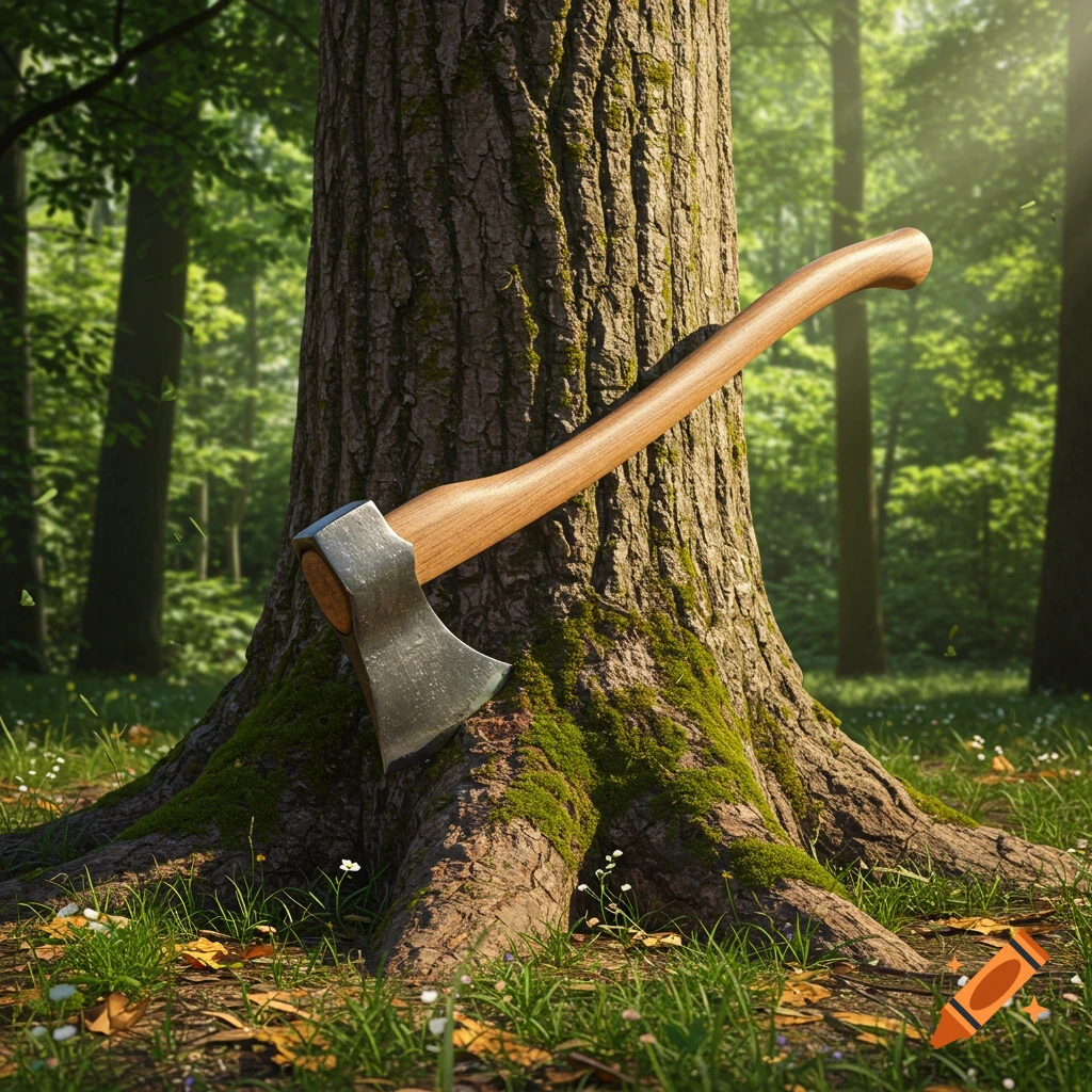 A photorealistic image of an axe with a wooden handle leaning against a large tree trunk in a sunlit forest.