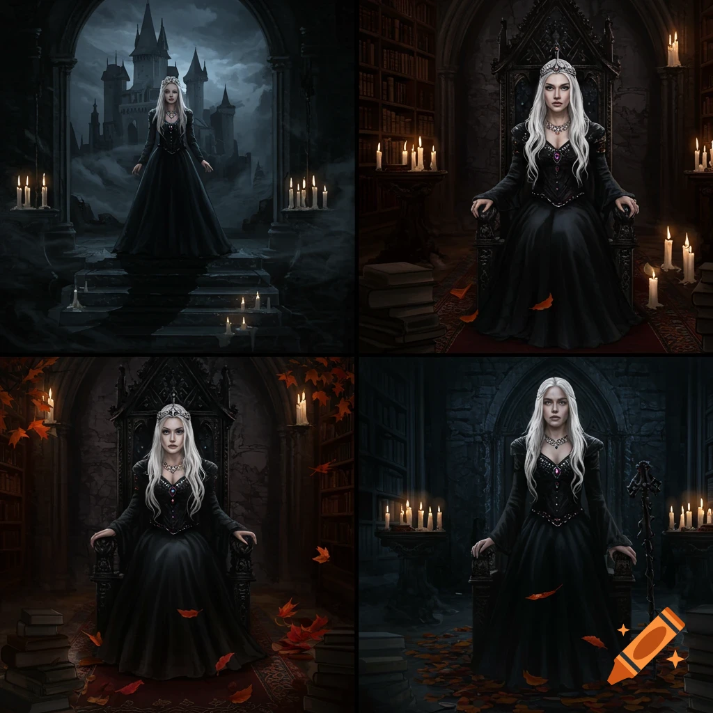 Four dark fantasy illustrations of a woman with white hair in a black gown, in various gothic settings like a castle or library.
