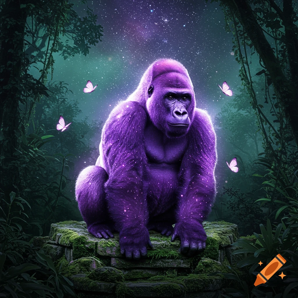 A majestic glowing purple gorilla with stars on its fur sits on mossy ruins in a lush, dark jungle under a starry, cosmic sky, with pink butterflies fluttering around.