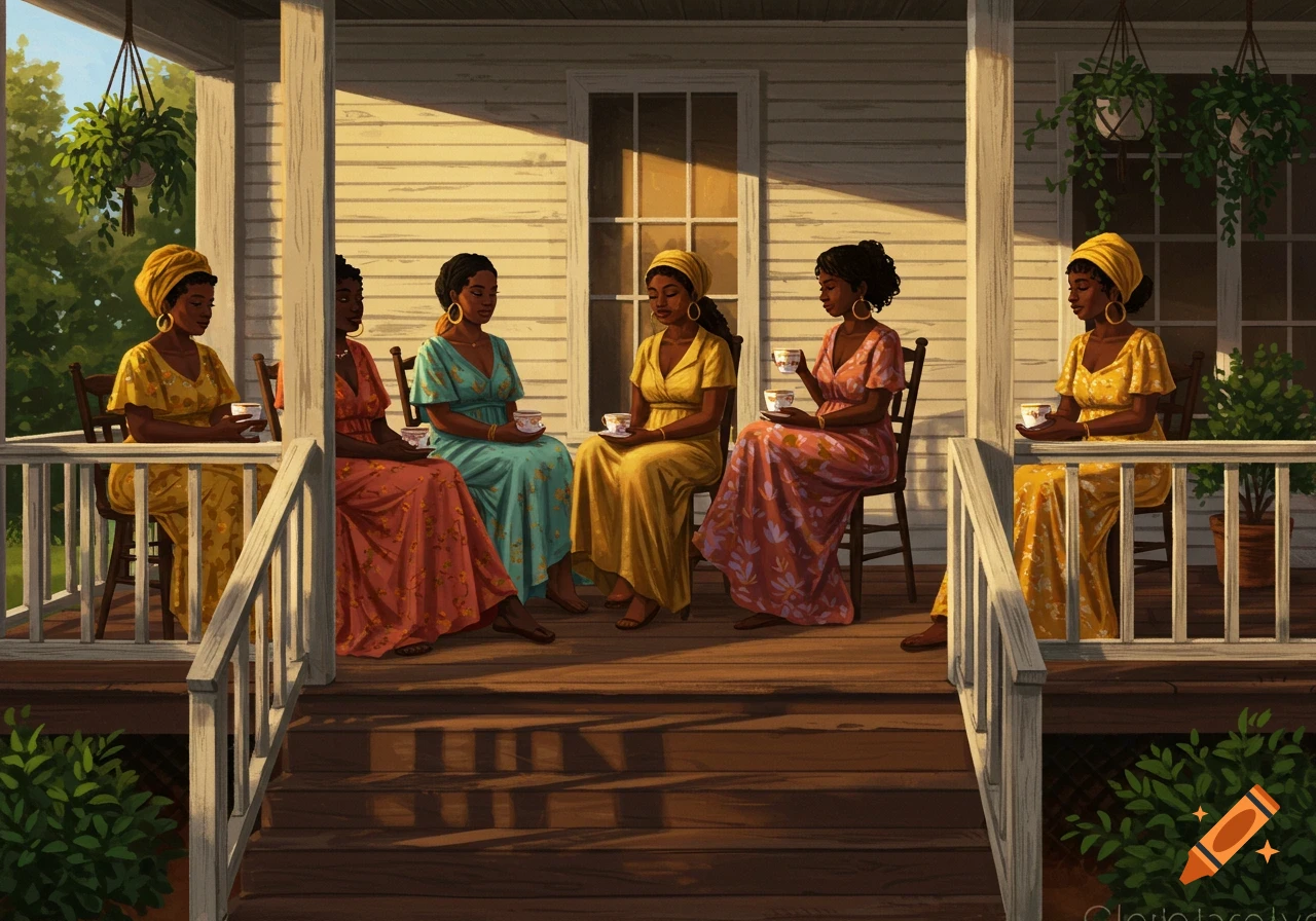 Five Black women in colorful dresses sit on a sunlit wooden porch, holding teacups, in a detailed painting.