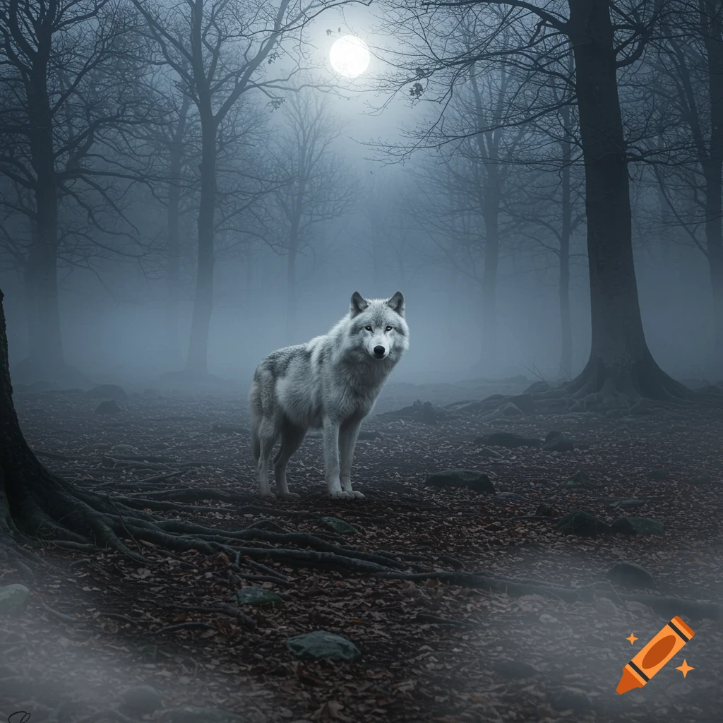 Photorealistic image of a white wolf standing in a misty, moonlit forest at night with bare trees.
