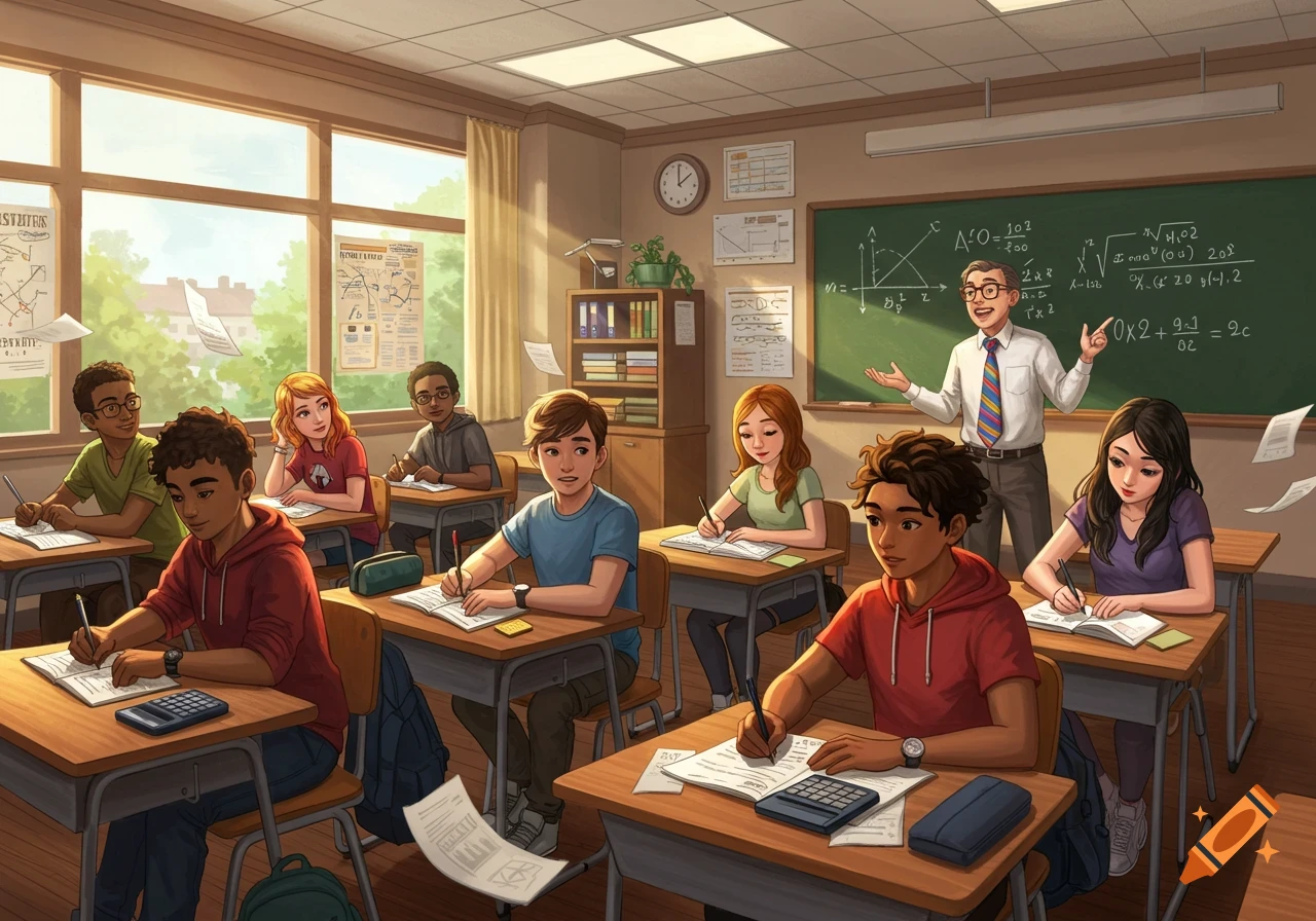 A cartoon illustration of a diverse group of high school students in a sunny math classroom, with a male teacher at the blackboard.