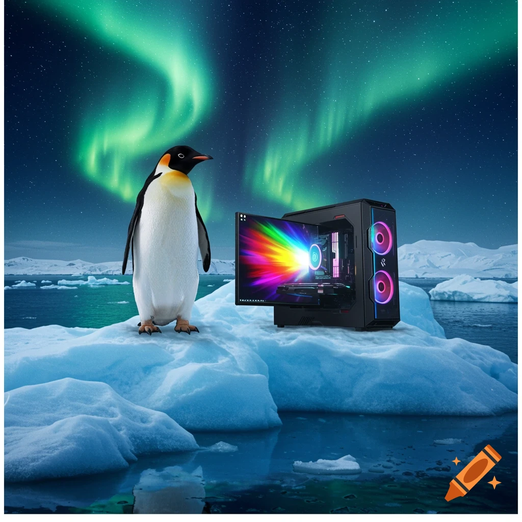 A photorealistic image of a penguin standing on an iceberg next to a gaming PC, with the Northern Lights visible in the sky.