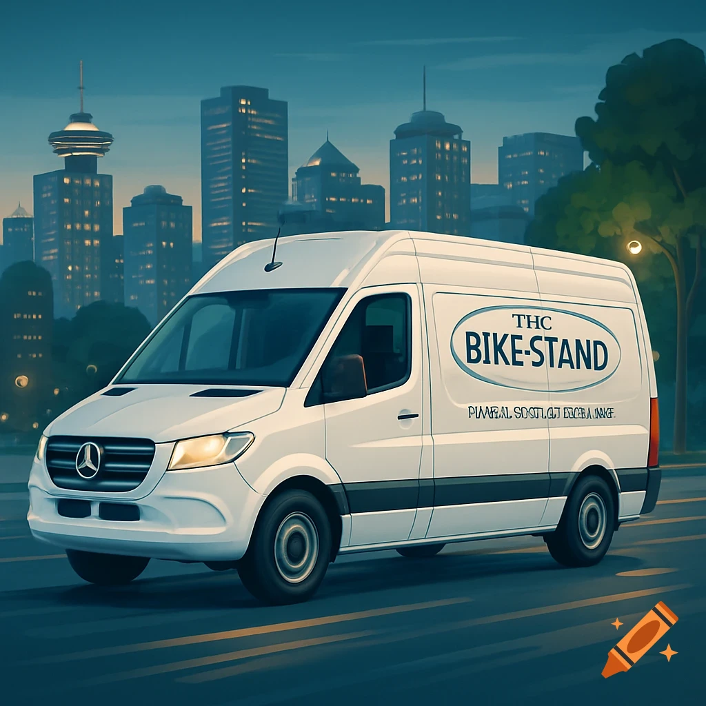A white Mercedes Sprinter van with 'THC BIKE-STAND' on its side drives through a city with skyscrapers at dusk, in a vector art style.