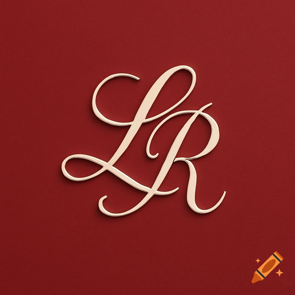 A gold cursive monogram of the letters "L" and "R" against a solid cherry red background.