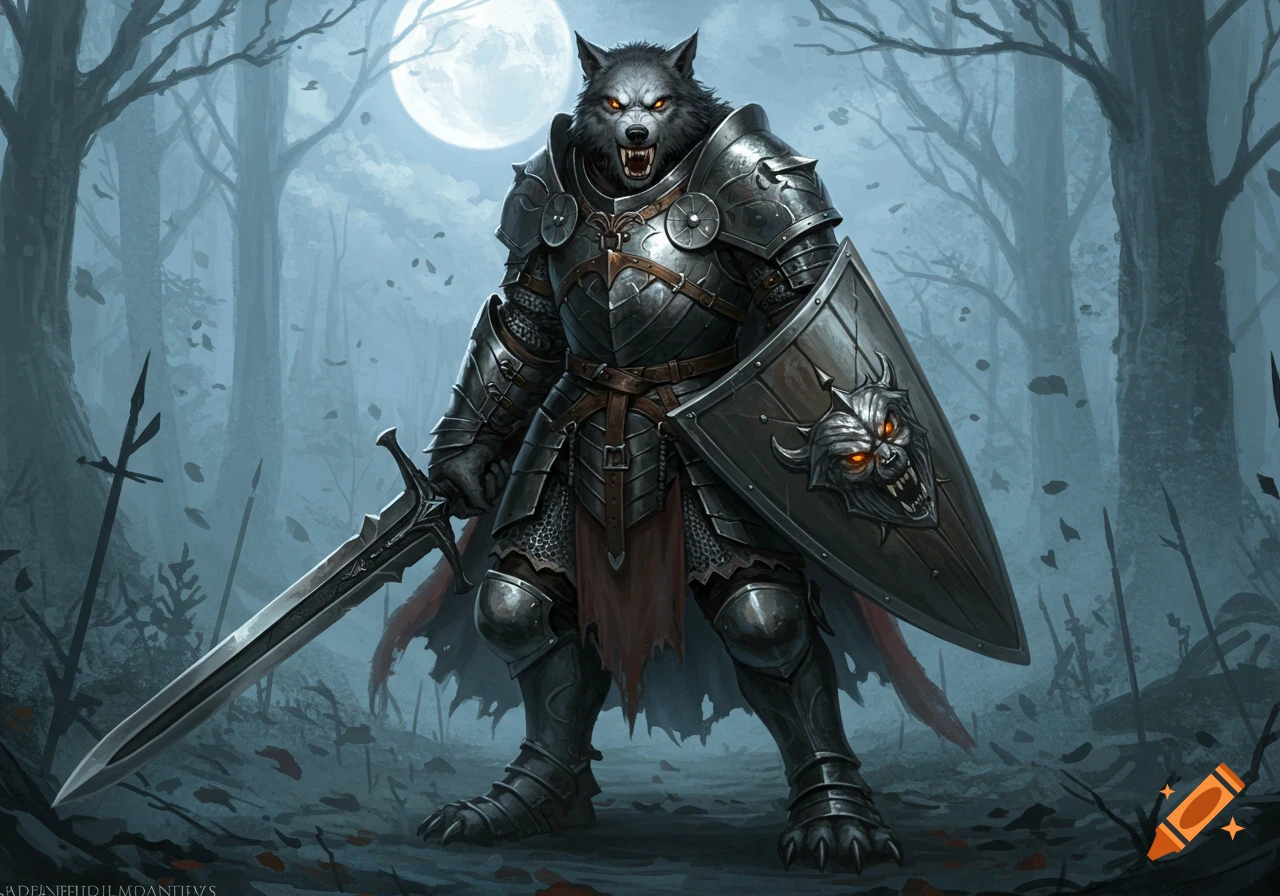 A fierce armored werewolf with glowing eyes holds a sword and shield in a misty, moonlit forest.