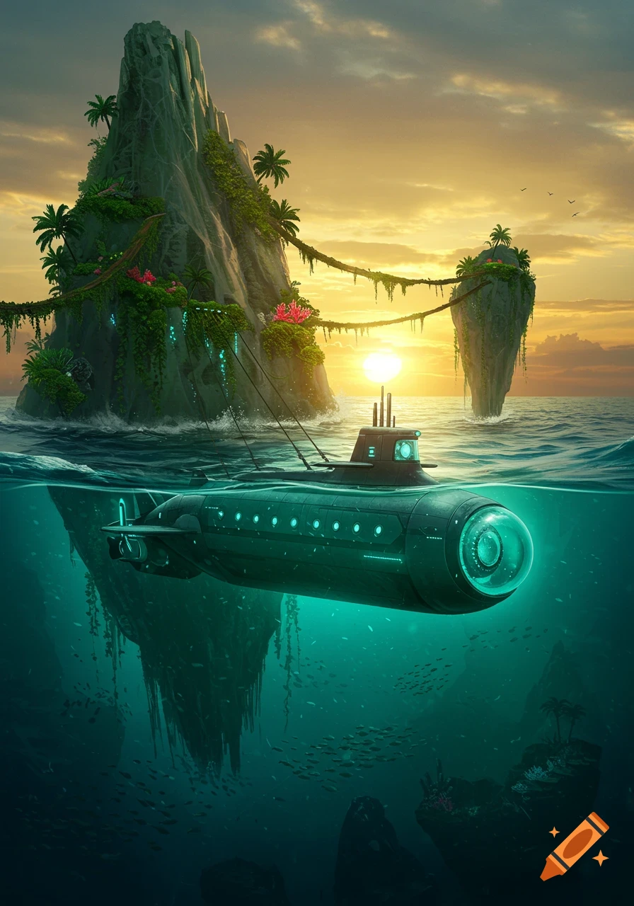 A futuristic submarine emerges from a glowing ocean near a lush, floating island at sunset.