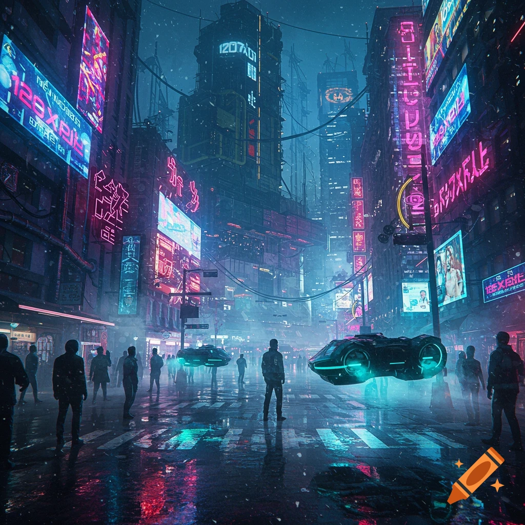 A futuristic cyberpunk city at night with towering skyscrapers illuminated by vibrant neon signs in hues of blue, pink, and red. People stand on a wet street with reflections, and two flying vehicles hover above the ground.