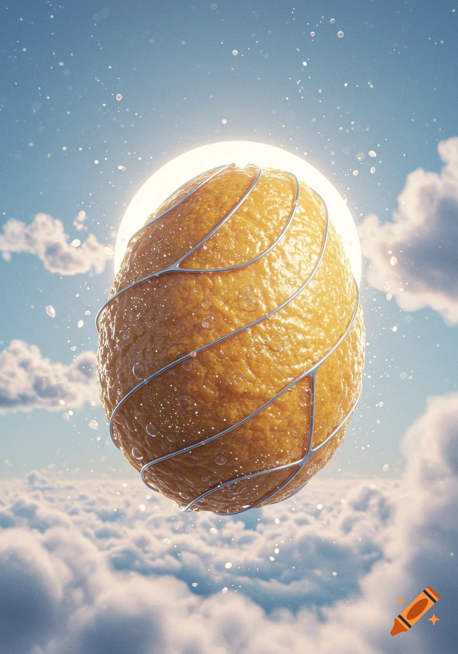 A large, textured orange-like fruit wrapped with silver bands floats among clouds in a bright blue sky with sparkling droplets.