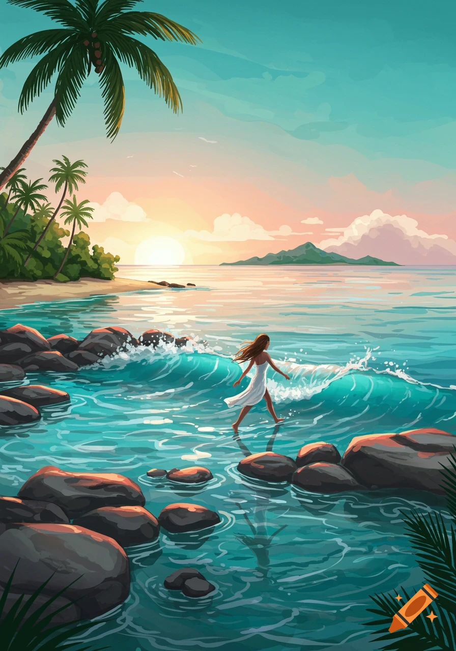 Woman in white dress wading into blue ocean at sunset with rocks and palm trees, illustrated style.
