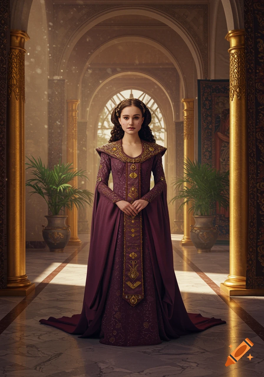 A woman resembling Padmé Amidala in a long, ornate purple and gold dress stands in a grand, sunlit hallway with pillars and arched windows.