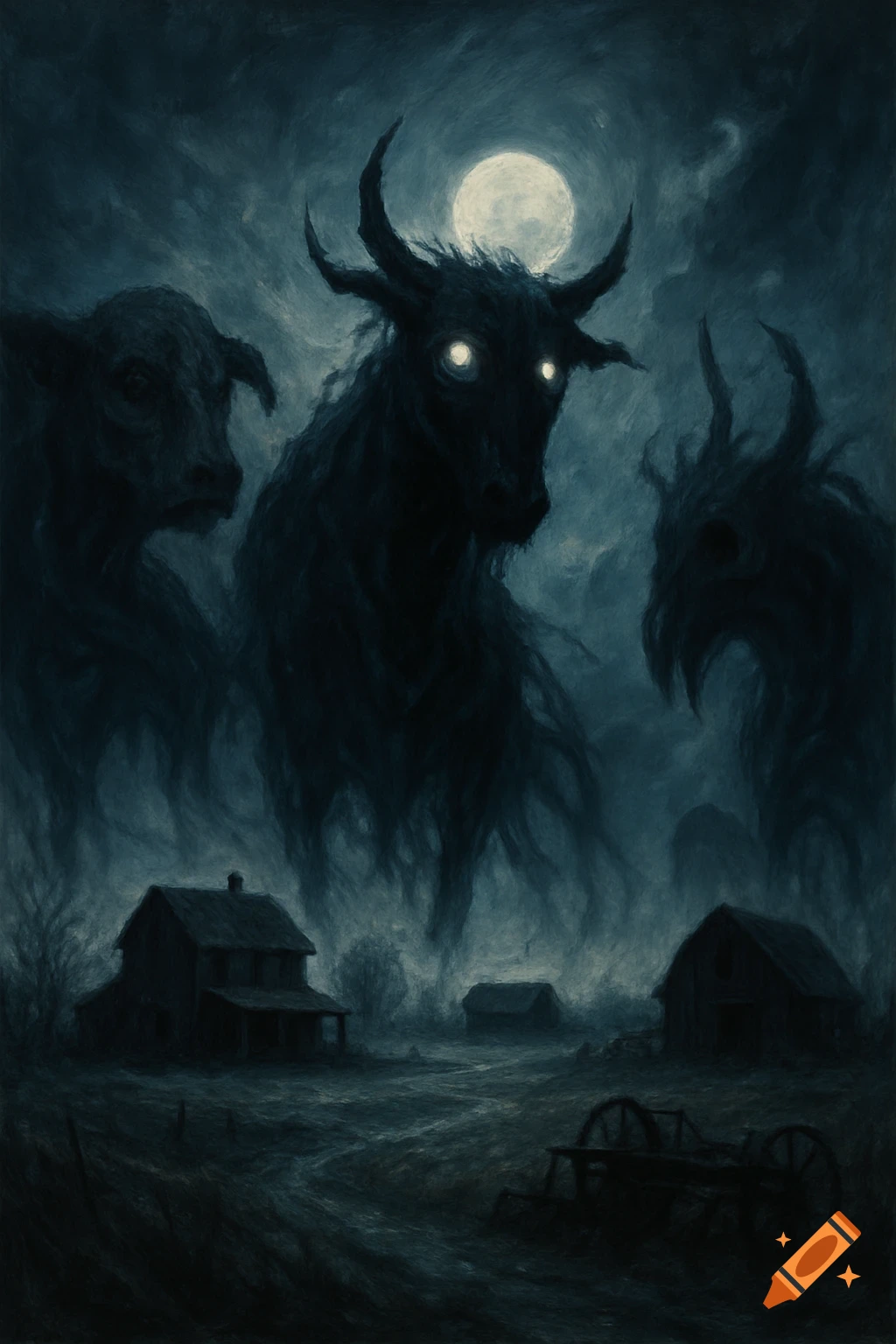 Dark, monstrous, ghostly cow-like creatures with glowing eyes loom over a dilapidated farmstead under a full moon in a creepy, unsettling art style.